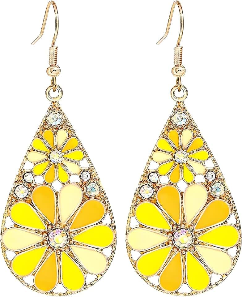 Handmade Boho Vintage Earrings for Women Ethnic Antique Geometric Teardrop Crystal Colorful Daisy Floral Flower Earrings Retro Bohemian Jewelry Gifts