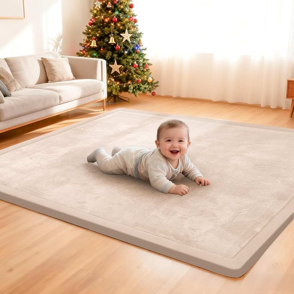 ACOMOPACK Baby Krabbelmatte 180x200x3.5cm Extra große Spielmatte mit Schaumfüllung Rutschfester Unterseite Weicher Teppich für Kinderzimmer und Spielbereich Beige
