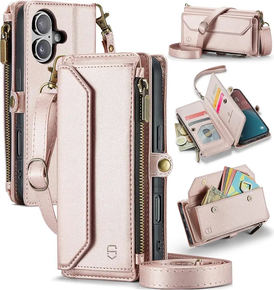 Strapurs for iPhone 16 - Zipper Strap Wallet Case for Women, Rose Gold