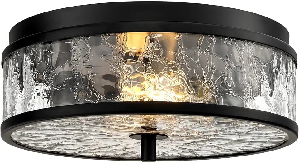 12 Inch Matte Black Flush Mount Ceiling Light, 2-Light Crackled Tempered Glass Ceiling Light Fixture, Modern Industrial Close to Ceiling Lighting for Kitchen Hallway Foyer Bedroom Bathroom