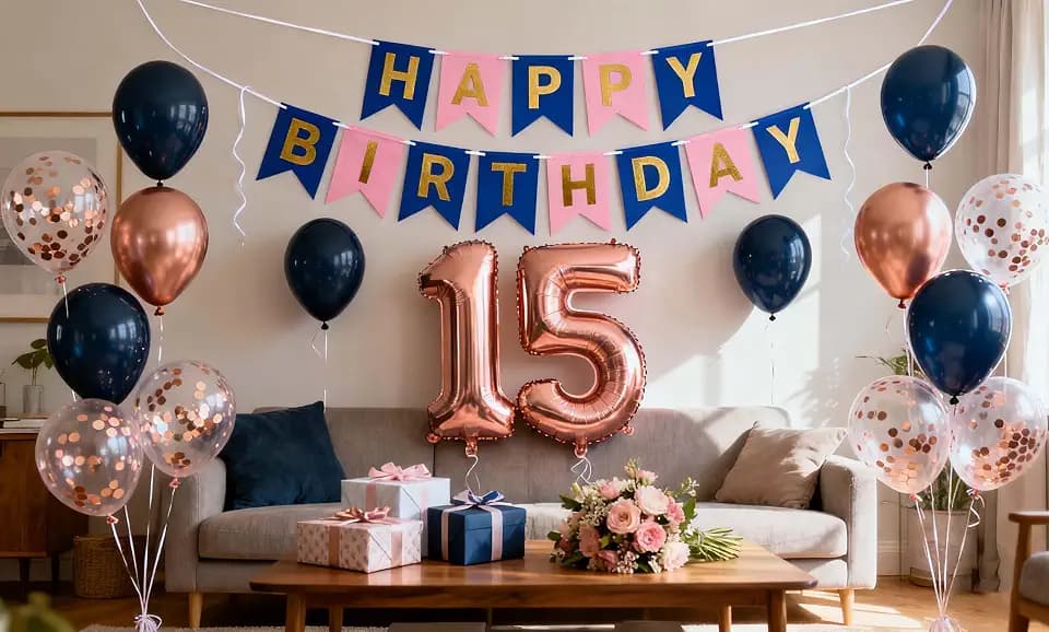 15th Birthday Party Decorations Navy Blue Rose Gold for Girls Boys, Birthday Banner Number 15 Foil Balloons Latex Confetti Balloon for Her Him Daughter Son 15 Years Old Birthday Supplies(15th)