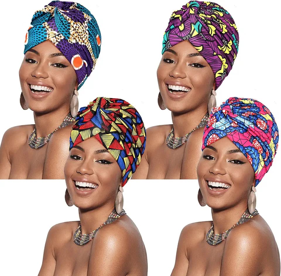 4 Pieces African Women Turban Cap Headscarf Women Turban Cap Stretch Twisted Headwrap
