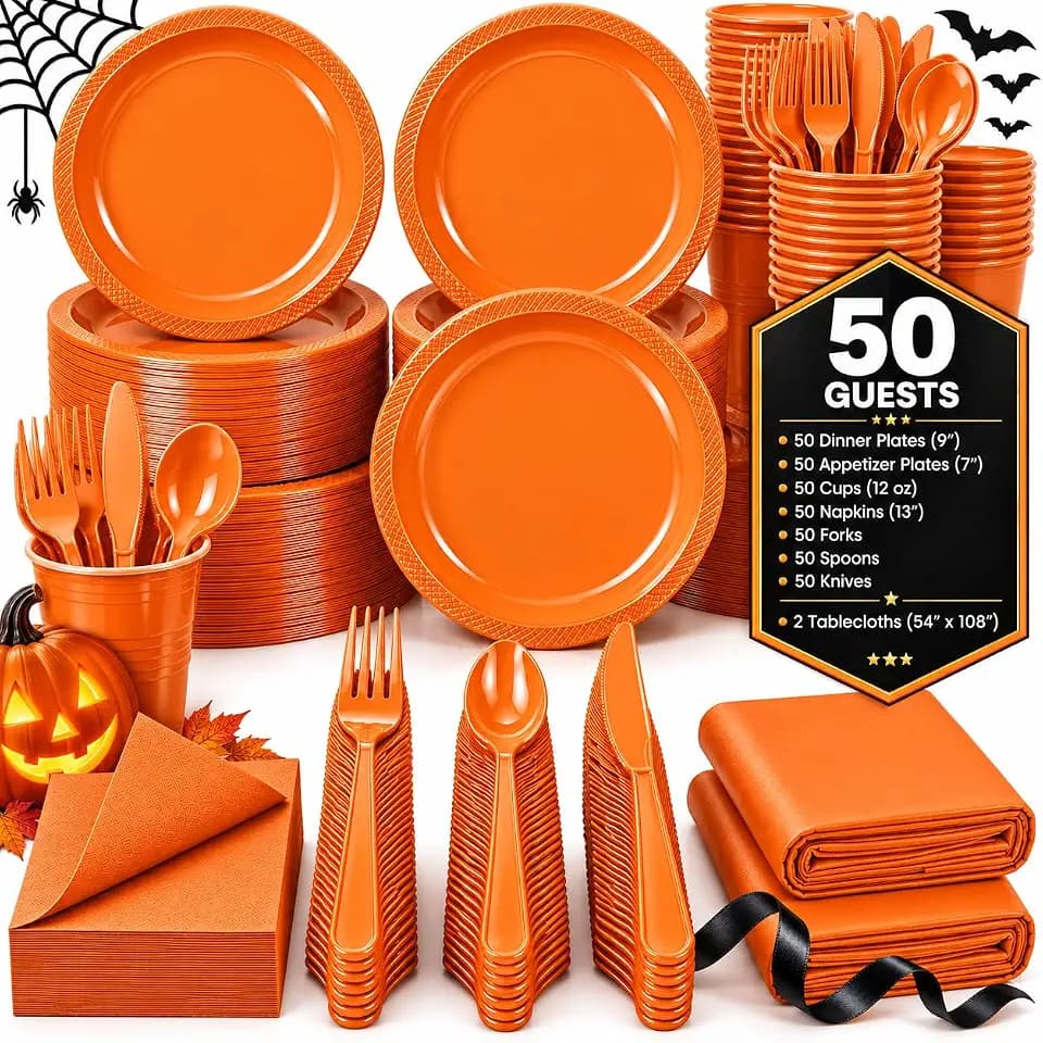 Tinybee 352 Pcs Orange Plastic Plates, Disposable Dinnerware Set for 50