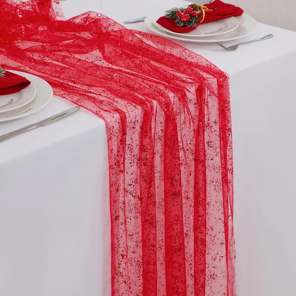 Snowkingdom 6 Pcs Red Glitter Table Runner 10 FT, Sheer Chiffon Sparkle Gauze Cheesecloth Mesh Runners 120 Inch, Red Table Centerpieces Decoration for Birthday Party Wedding Christmas Mothers Day