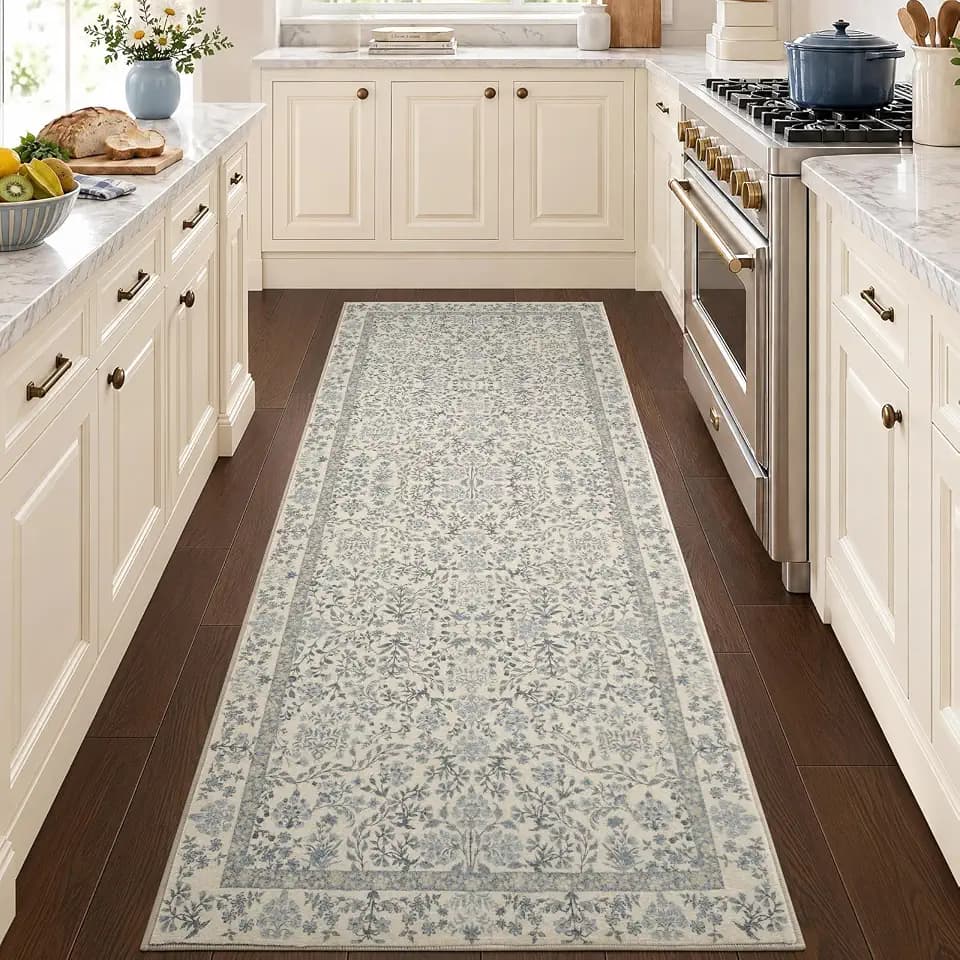 jinchan 2x6 Washable Hallway Runner Rug, Floral Non-Slip, Blue/Cream