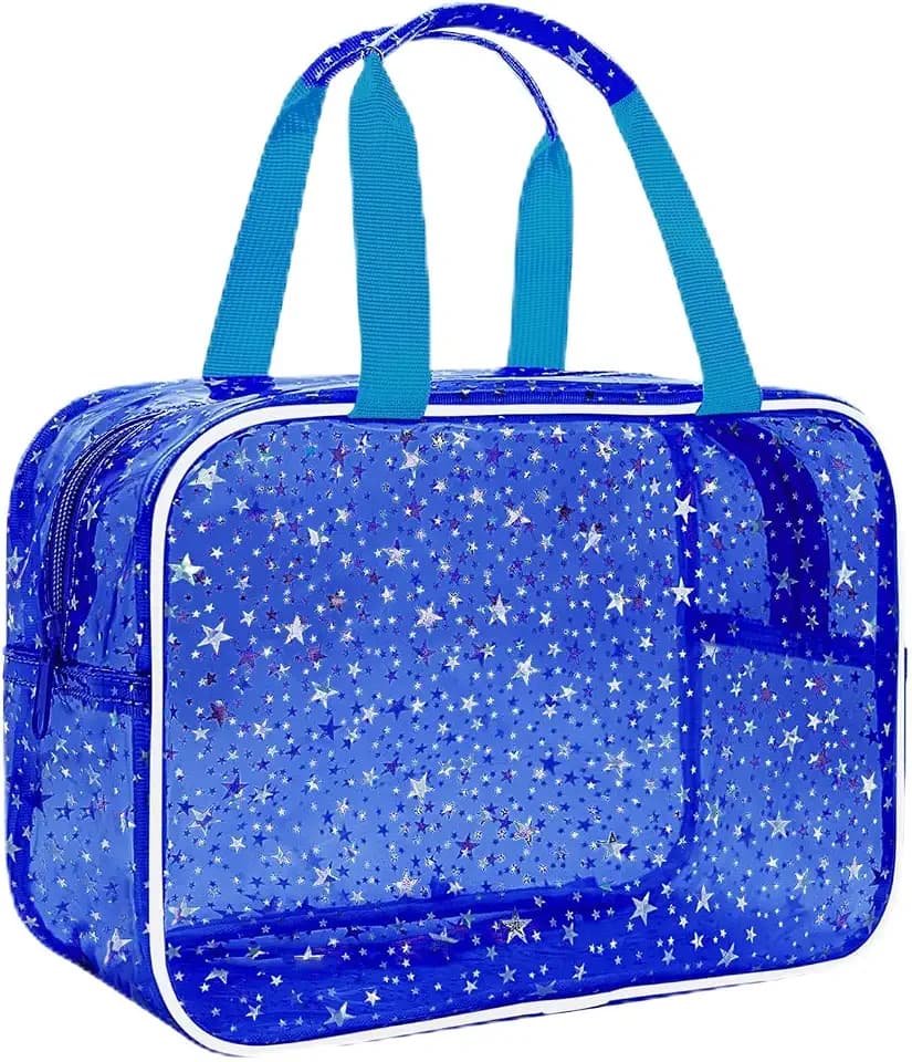 Clear Deep Blue Star Large Makeup Bag with Star Pattern (12x5x8 inches), Travel Cosmetic Bag with Handle, Durable PVC Material, Zipper Opening Design—Ideal for Makeup Travel Organization or Gym Use