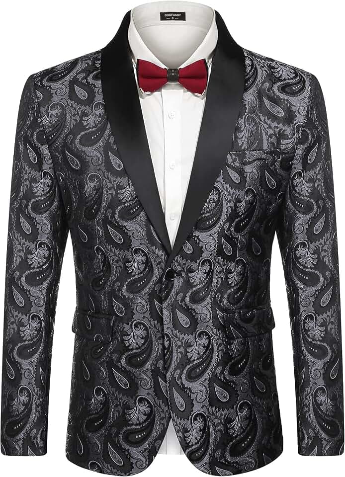 COOFANDY Florale Smokingjacke mit Paisleymuster, Schal, Revers, Anzug, Blazer, Jacke für Abendessen, Abschlussball, Hochzeit, GRAU, 3XL