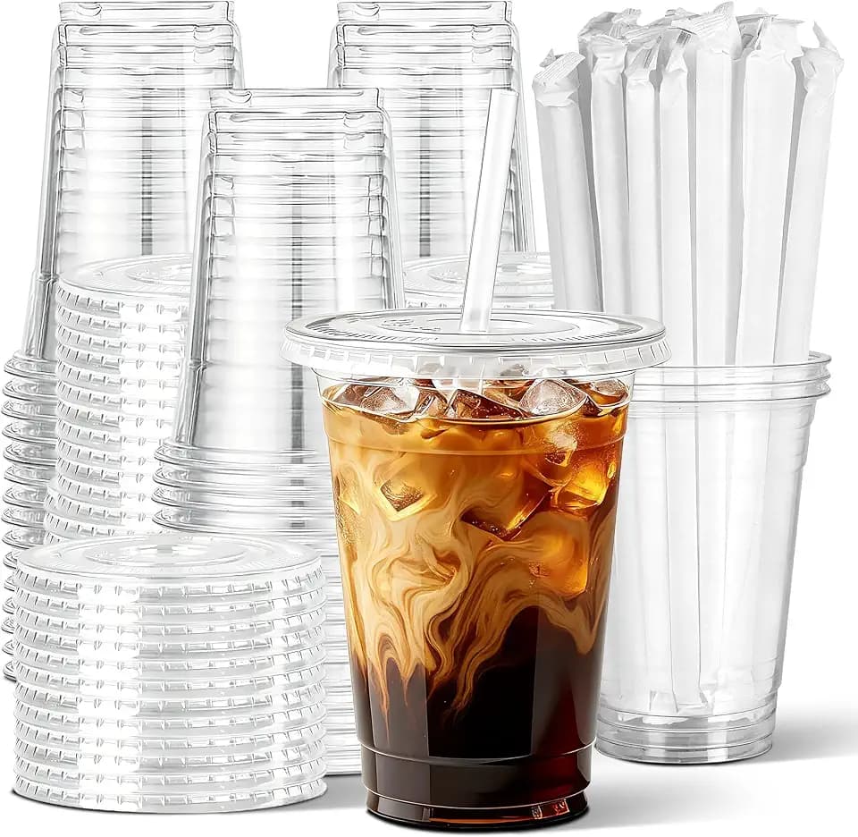 Ginkgo 50 Pack 16 oz Clear Plastic Cups with Lids and Straws