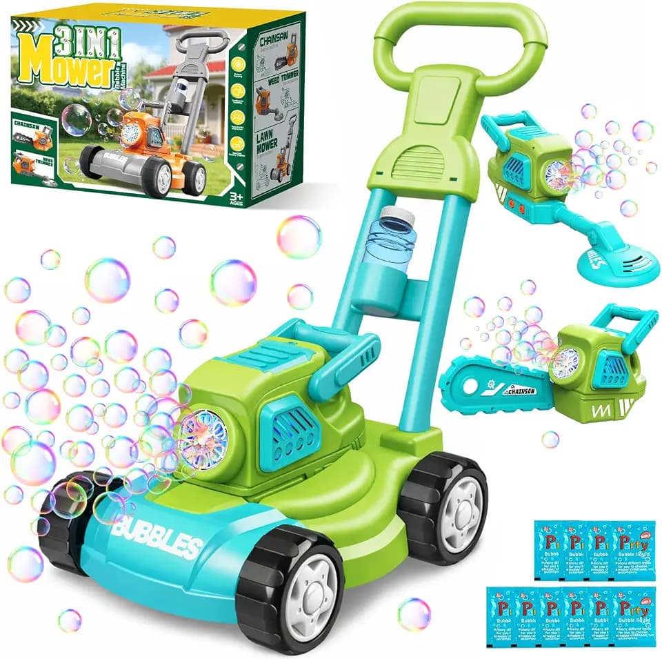 Bubble Lawn Mower for Kids, 3-in-1 Bubble Machine Toy Ages 3-8, 10 Packs