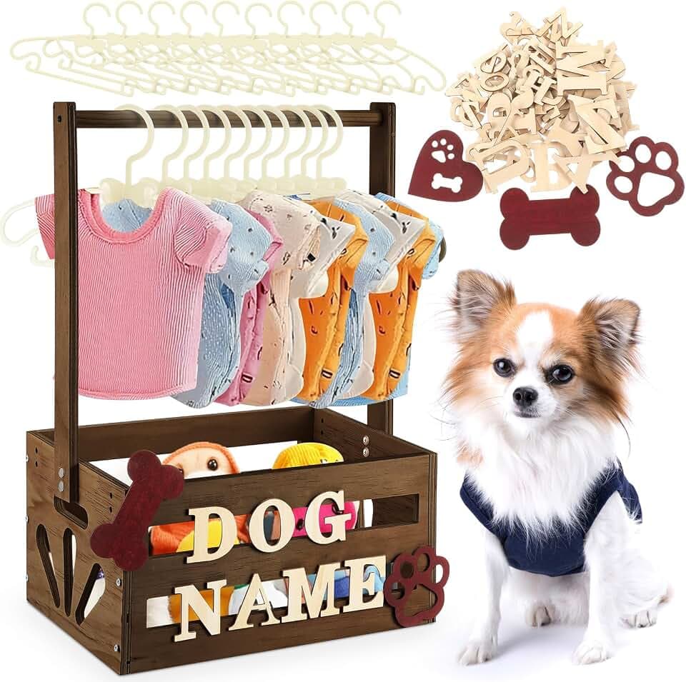 Wooden Dog Closet, Pet Wardrobe with Hanging Rod for Small Dog, Dark Walnut