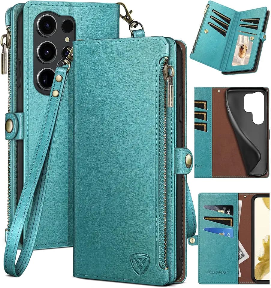 XcaseBar compatible with Samsung Galaxy S25 Ultra Wallet case with Zipper Credit Card Holder【RFID Blocking】Flip Folio Book PU Leather Phone case Shockproof Cover Women Men for S25Ultra case Blue Green