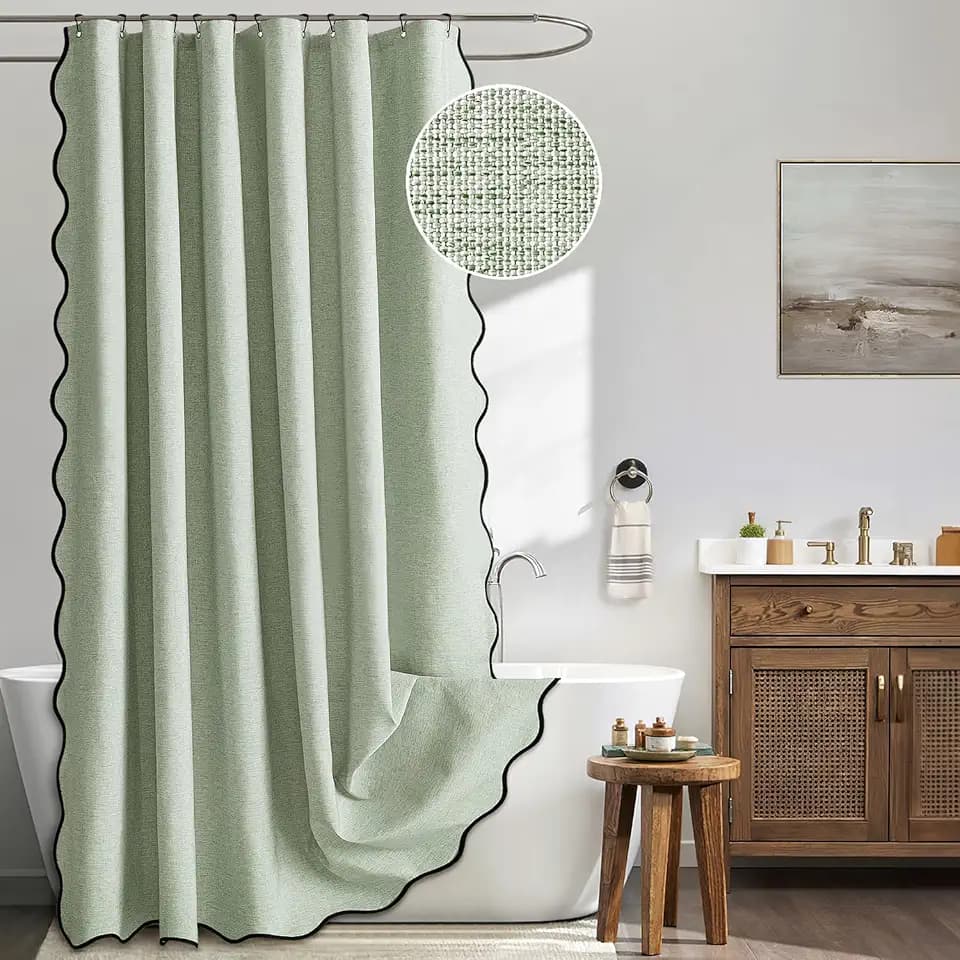 MIULEE Sage Green Scalloped Linen Shower Curtain 72x72 Inches