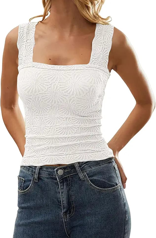 Women Square Neck Wide Strap Floral Crop Tank Top Sleeveless Lettuce Trim Solid Slim Cropped Cami Vest Tops