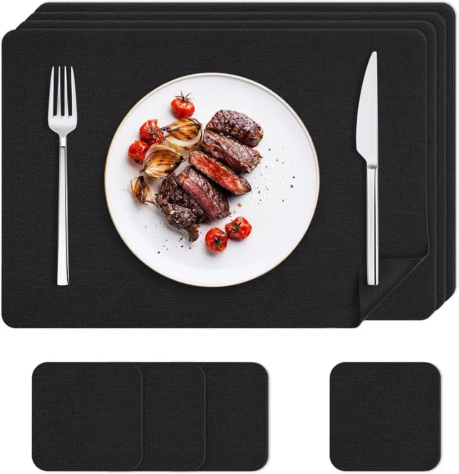 KitchenBoss Tischsets Abwaschbar Platzsets, 4er Platzdeckchen Lederoptik mit Untersetzer Hitzebeständig Doppelseitigen Wasserdicht, 43×30CM,Schwarz