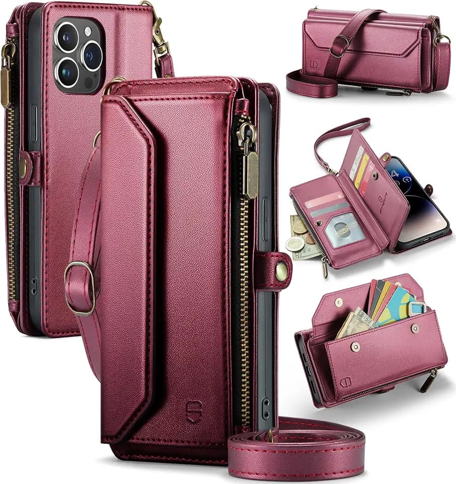 Strapurs for iPhone 14 Pro - Zipper Strap Wallet Case for Women, Wine Red