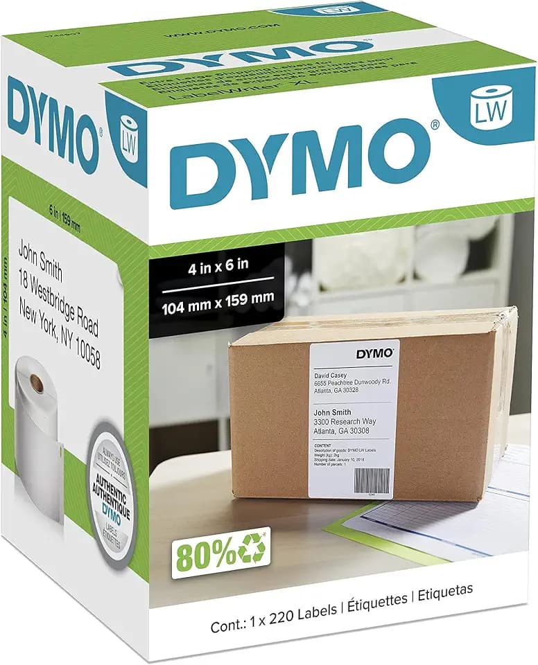 DYMO Authentic LW Extra-Large Shipping Labels, for LabelWriter 5XL and 4XL Label Printers Only, 4" x 6", White, 1 Roll of 220