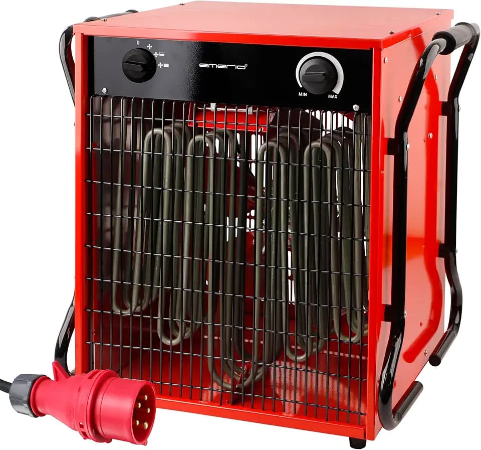 EMERIO Heizlüfter Bau | für Räume bis 150 m² | IP24 | 15000W Starkstrom | Edelstahl-Heizelement | 2 Heizstufen | Einstellbarer Thermostat | Überhitzungsschutz | 2 wärmeisolierte Griffe | FH-117330