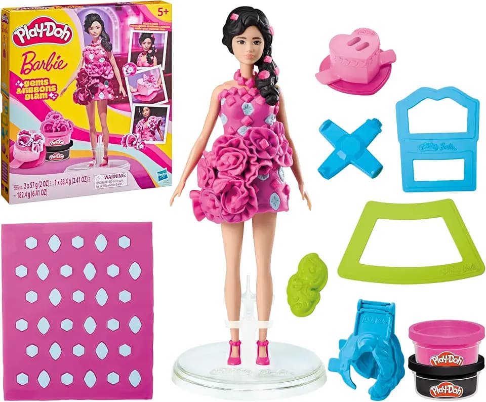 Play-Doh Barbie Gems & Ribbons Glam Set, Make Designer Dolls Clothes with Modeling Compound & Fashion Accessories, Arts & Crafts for Kids 5+