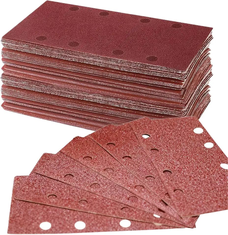 100-tlg Schleifpapier Set 93 x 185 mm mit 8 Löchern, Rechteckiges Schleifblatt für Schwingschleifer, Holz, Metall und Farbe, Schleifblätter in Körnung 40/60/80/120/180/240/320/400