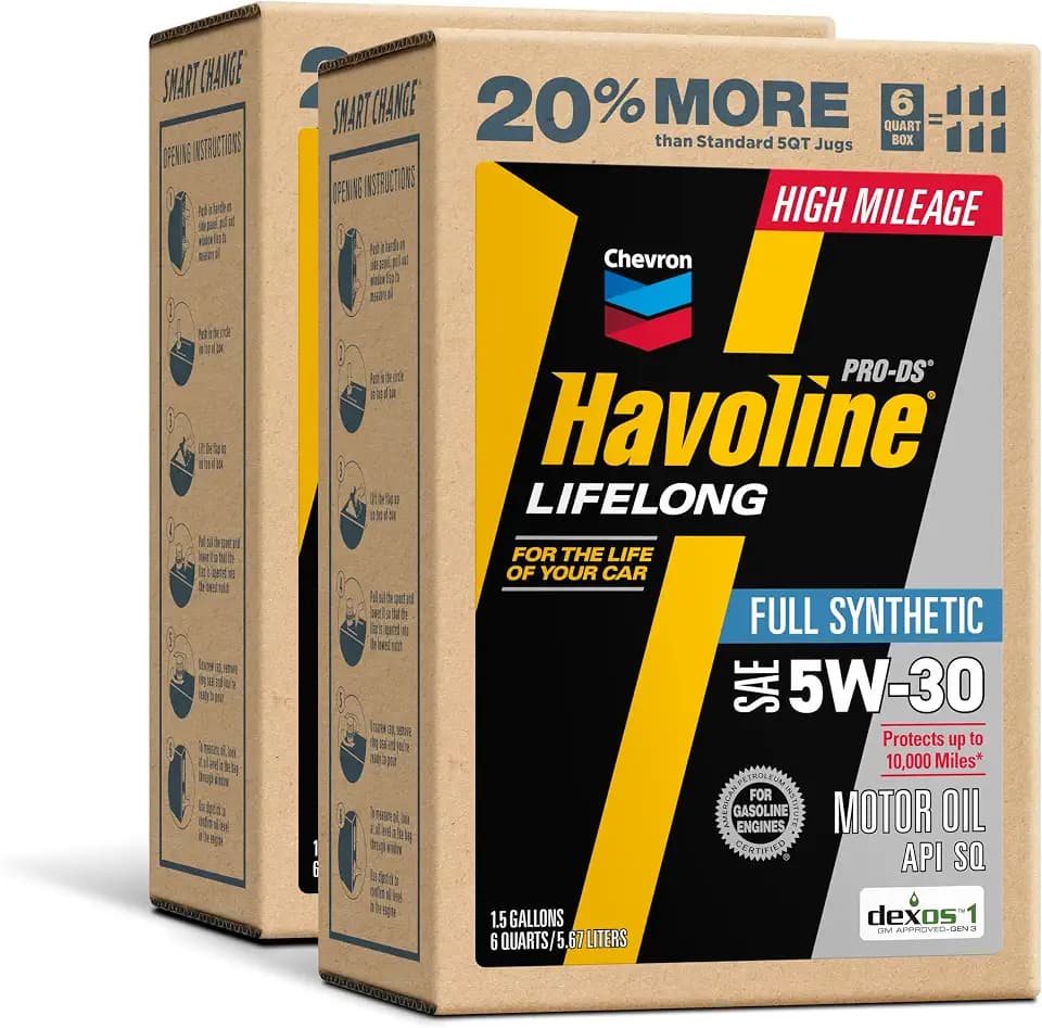 Havoline Motor Oil 5w30 PRO-DS Lifelong Full Synthetic Smart Change Engine Oil, 5W-30, 6 Quarts, Pack of 2