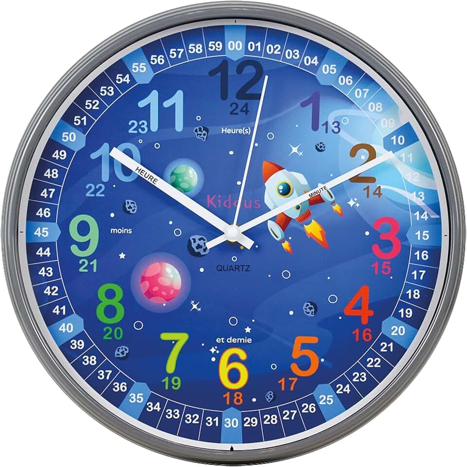 Kiddus Lernuhr Wanduhr Kinder 20cm, Pädagogische Uhr für Jungen & Mädchen, Lautloses Uhrwerk, Zeiger mit Stunde & Minute Beschriftung, Ideal für Schulanfänger - 11 Galaxy FR 30cm
