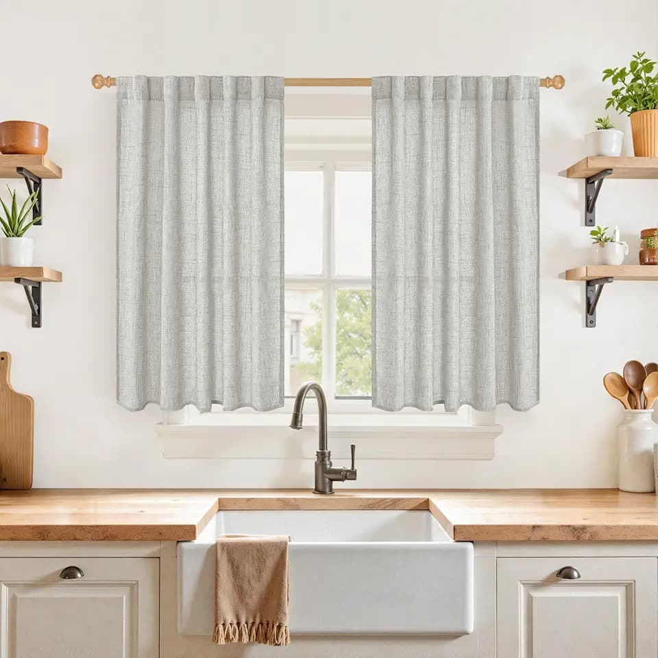 Light Grey Linen Semi Sheer Curtains 40 Inches Long for Kitchen Window