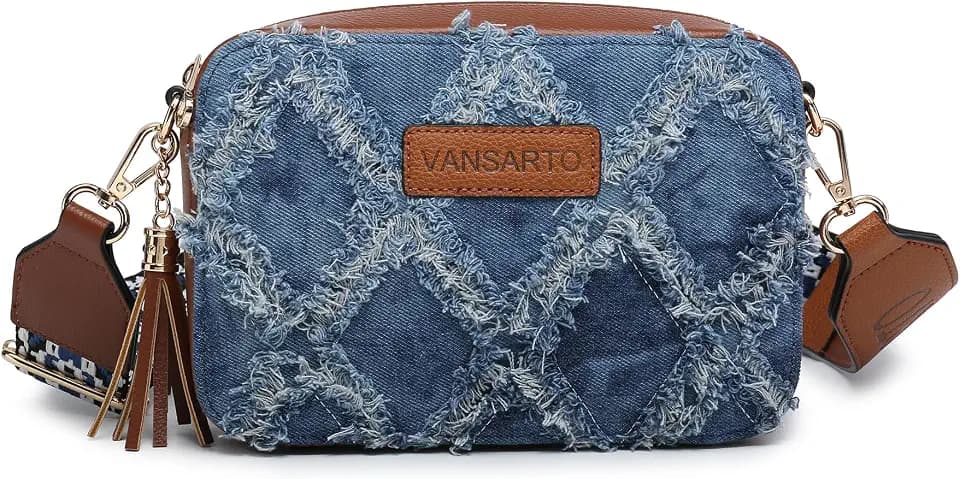 Women Tassel Quilted Crossbody Bag Distressed Denim Purse Small Shoulder Handbags Fashion Travel Bag with Wide Strap