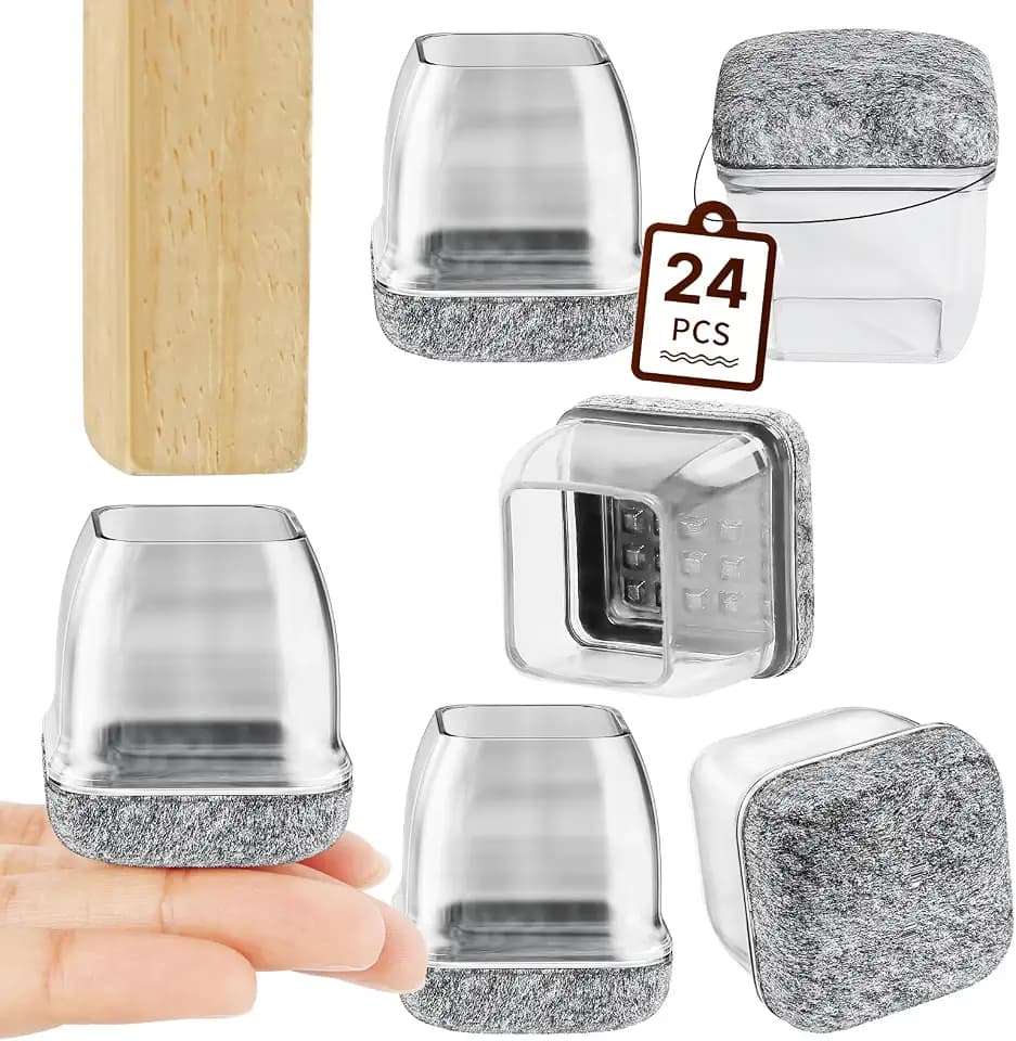 RCHYFEED 22-25mm Stuhlbeinkappen mit Filzpolstern Transparente Silikon, 24 STK Elastische Schutzkappen für Stuhlbeine Eckig Gummi Stumm & Kratzfest, Stuhlbeinschoner mit Filz Filzgleiter