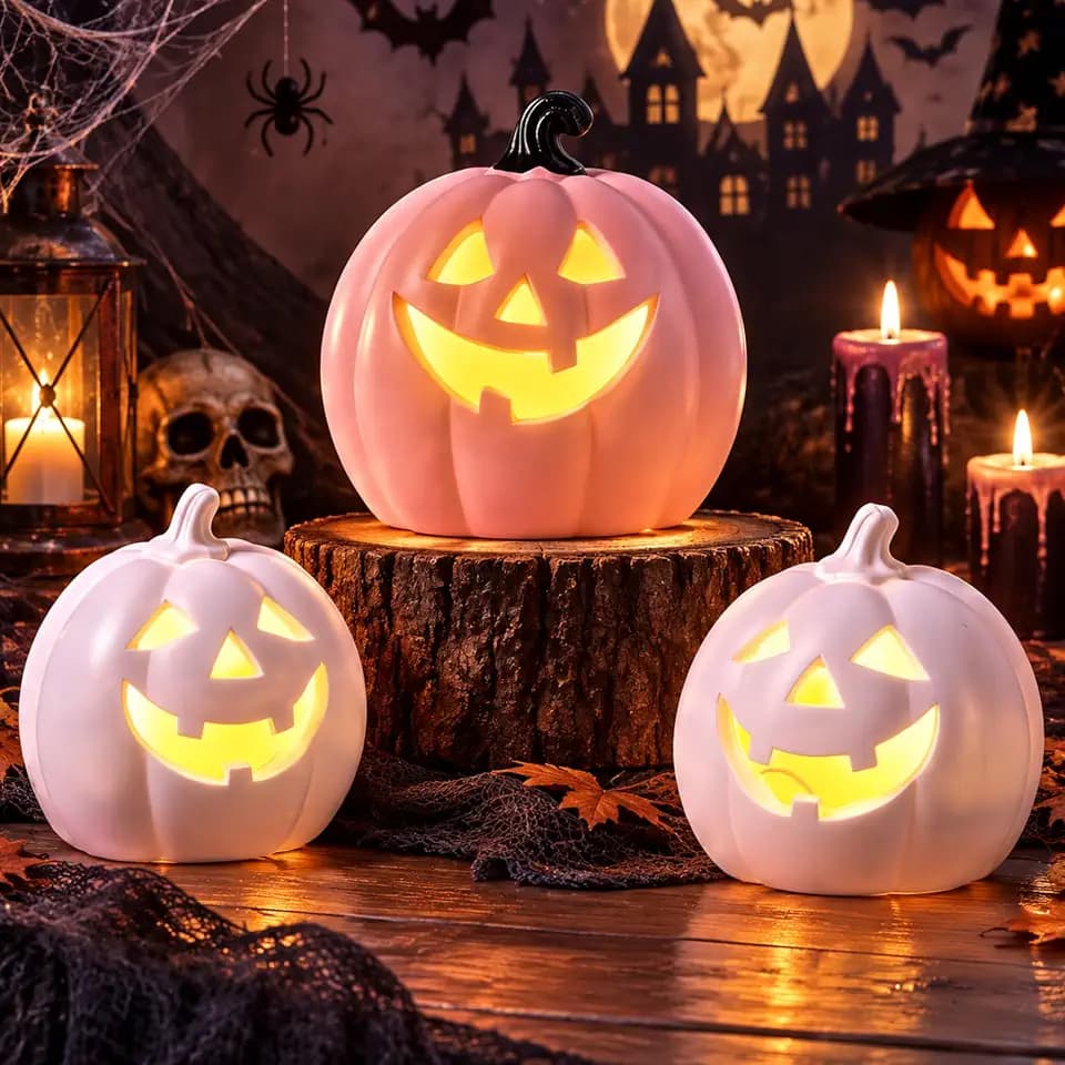 Glooglitter 3 Pcs Pink Light up Halloween Pumpkin Decor, Flocked Resin