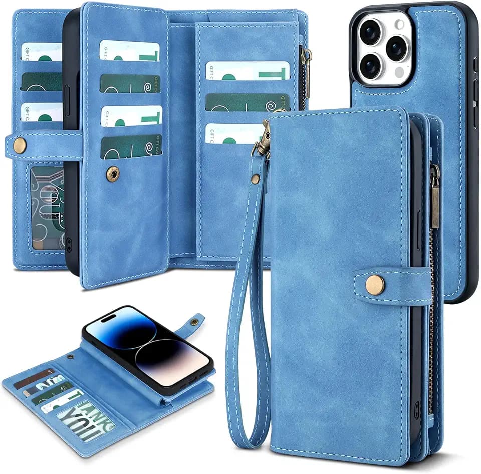 TwoHead for iPhone 14 Pro Wallet Case with 11 Card Holders,Sky Blue