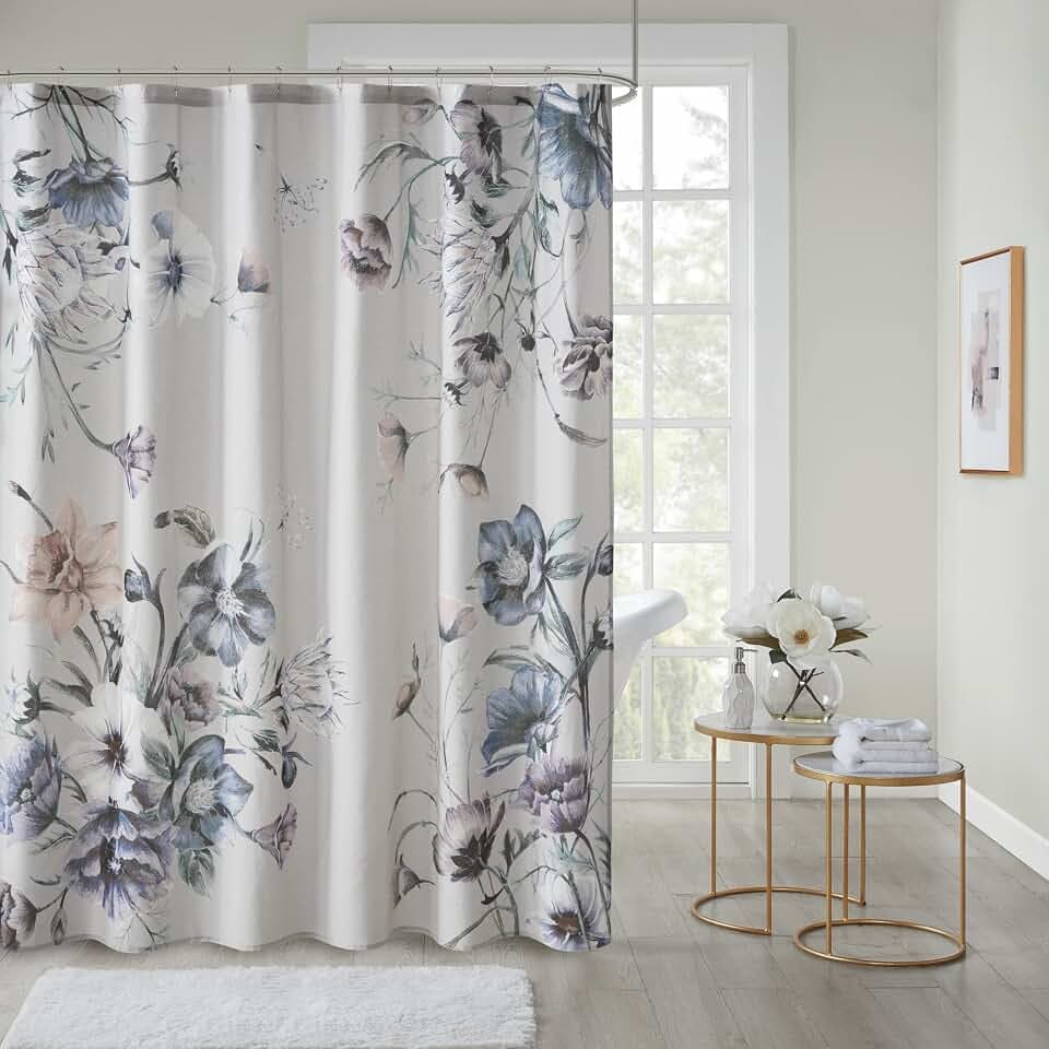 Madison Park Cassandra Shower Curtain for Bathroom, Cotton, 72 x 72, Blue