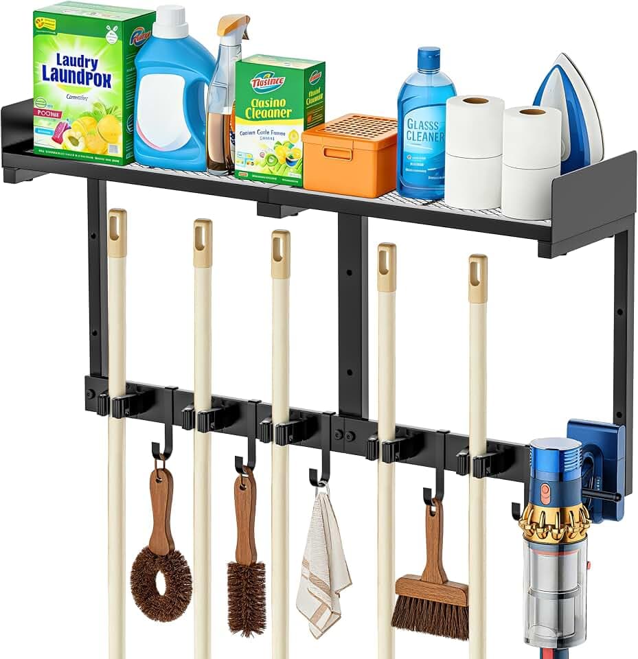 HUFAND 27 Inch Mop and Broom Holder Wall Mount with Storage Shelf & Hooks