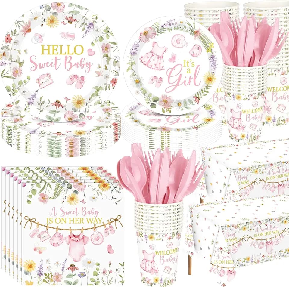 Pickmesh 194 Pcs Floral Baby Shower Girl Decorations for 24, Pink Baby Shower Paper Plates and Napkins Cups Tablecloth Cutlery for Spring Babys in Bloom It's a Girl Gender Reveal Party Supplies