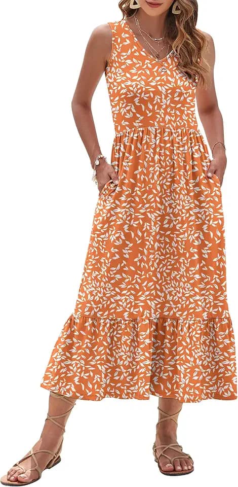 AUSELILY Womens Summer Maxi Dress Casual Sleeveless V Neck Floral Dresses