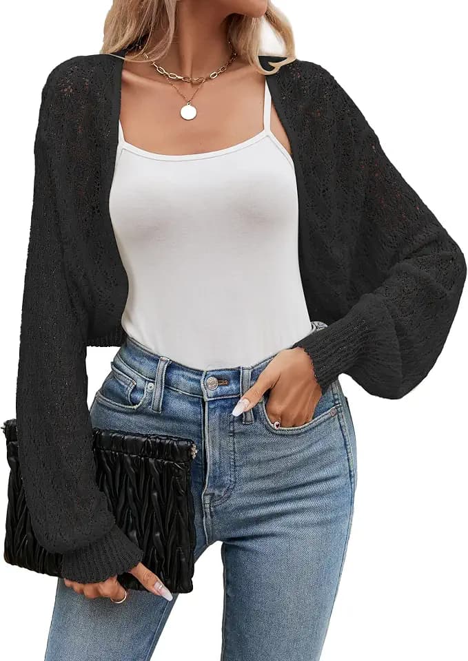 Famulily Damen Sommer Langarm Cropped Cardigans UK Hollow Out Floral Lace Crochet Shrug Shawl Bolero Cardigans
