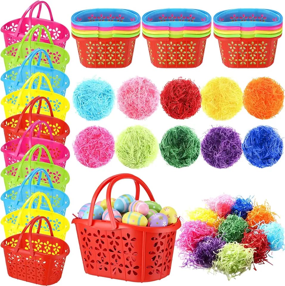 Wenqik 50 Pcs Plastic Easter Baskets for Kids Bulk Easter Egg Baskets Empty Easter Plastic Buckets for Kids with Handle Easter Grass Stuffers Fillers for Party Favor egg Hunt Gift (Classic)