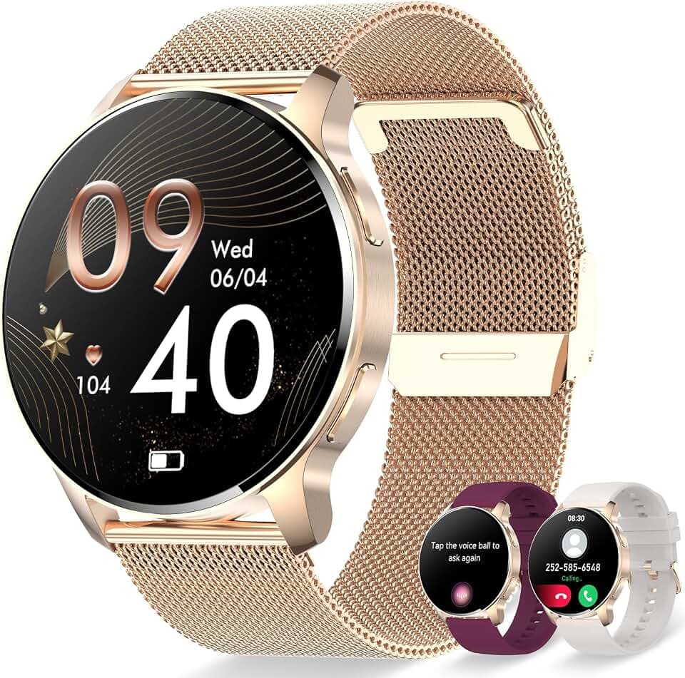 Smartwatch Damen mit Telefonfunktion 1,32" Touchscreen Fitnessuhr mit Schrittzähler Herzfrequenz Schlafmonitor Wasserdicht Armbanduhr für iOS Android