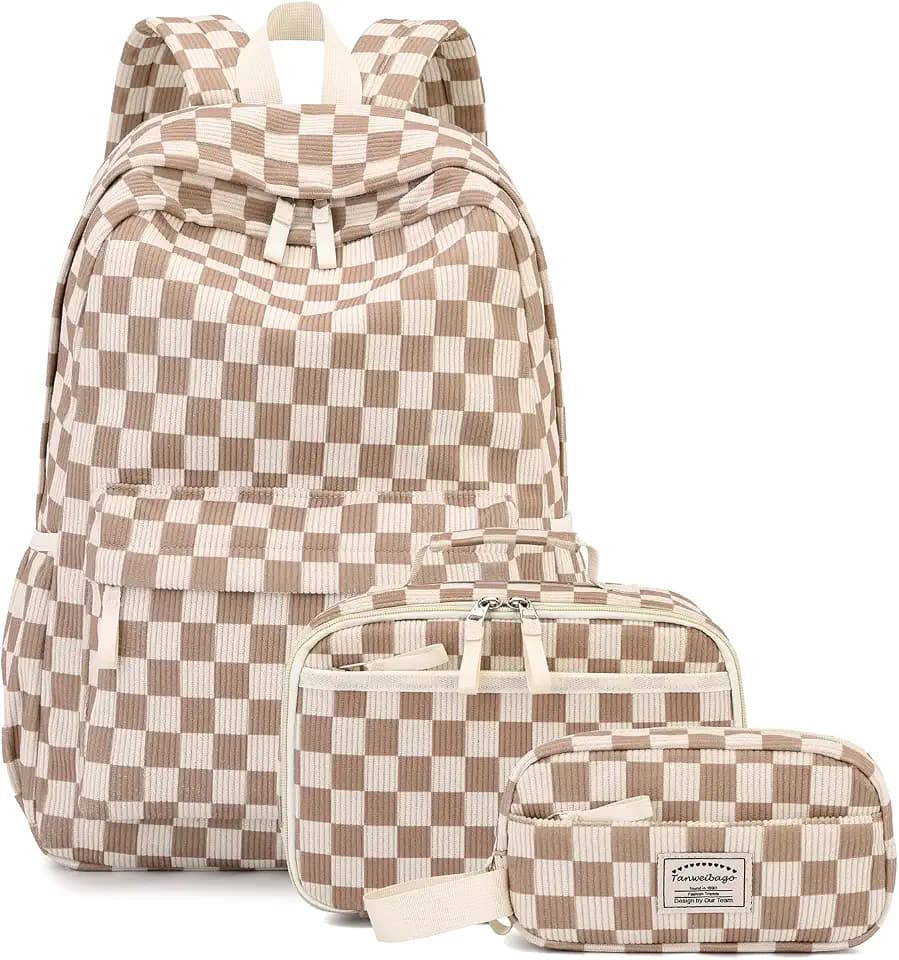 Corduroy Backpack for Kids with Lunch Box & Pencil Bag (Checkered Brown)