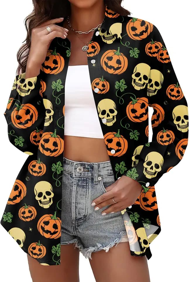 Halloween Shirts for Women: Pumpkin Skeleton T-Shirts Graphic Halloween Fall Long Sleeve Hawaiian Button Down Blouse