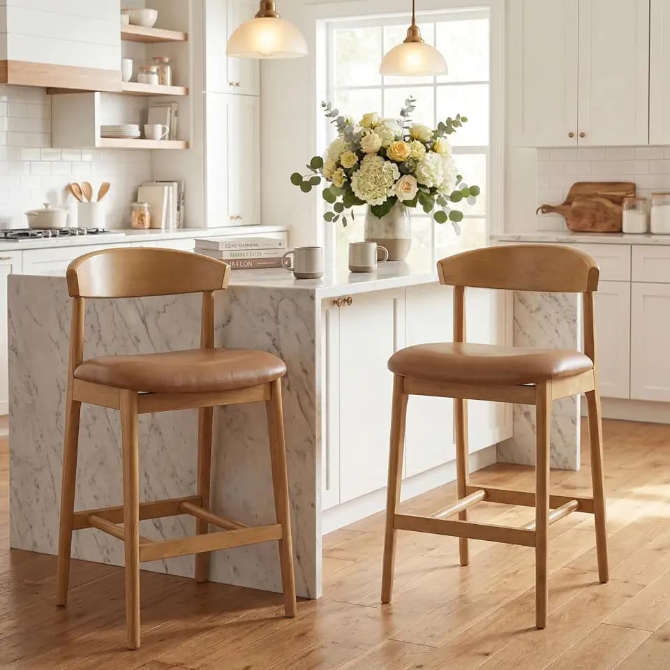 Christopher Knight Home 26.5" Counter Height Bar Stools Set of 2, Mid Century Modern Upholstered Bar Chairs with Curved Backrest & Footrest, Rubber Wood Kitchen Island Stools for Dining Room, Natural