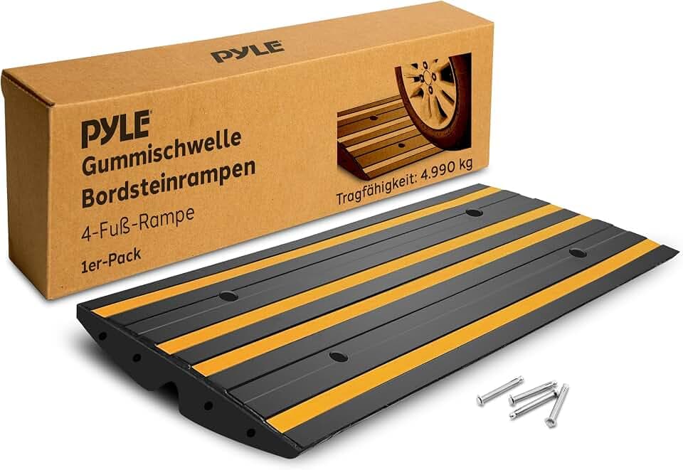 Pyle Auffahrrampe PKW – 1 Stück Bordsteinrampe Gummi Schwarz 122×41×7 cm – Wetterfest und rutschfest 5t Tragkraft je Rampe Mit Reflektorstreifen Für Einfahrt Garage Schwelle