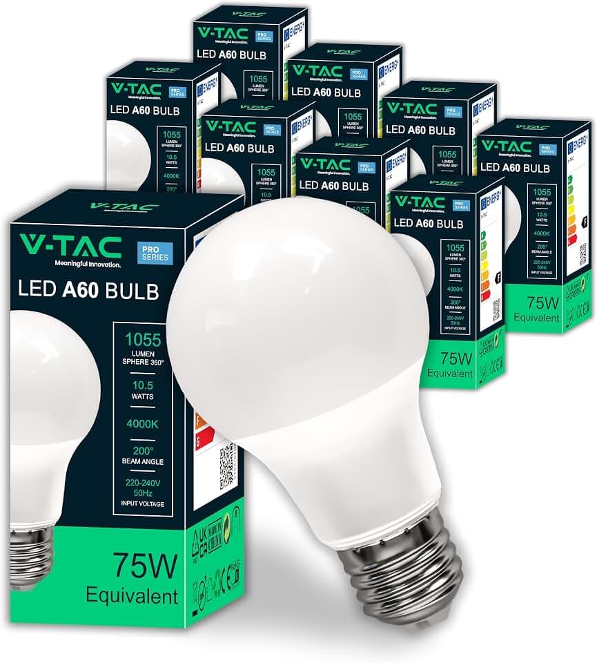 V-TAC 10x LED Glühbirne E27-10,5W - [ HOHE HELLIGKEIT ] – A60 – (Entsprechen 75W) – LED-Lampen der Neuen Generation mit Energieeinsparung – 1055 Lumen – Licht 4000K Neutralweiß
