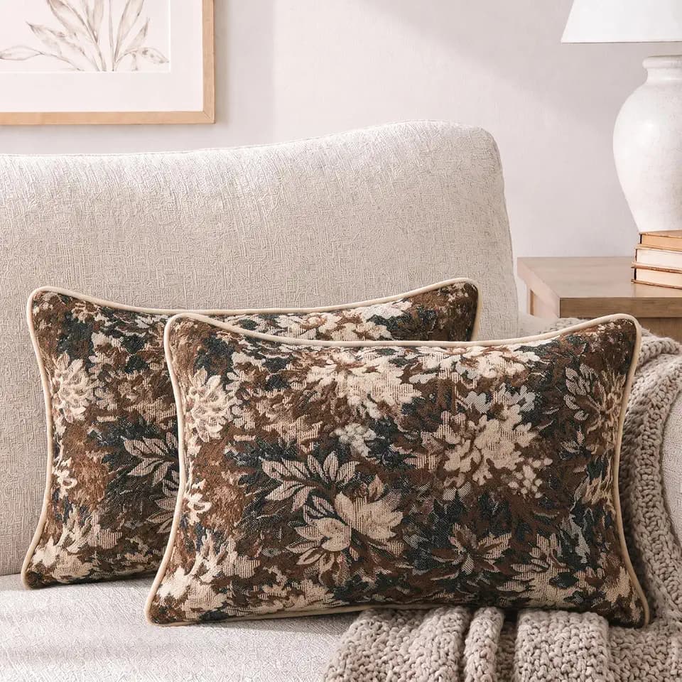 CROWNED BEAUTY Farmhouse Floral Lumbar Pillow Covers, 12x20, Brown, 2 Pack
