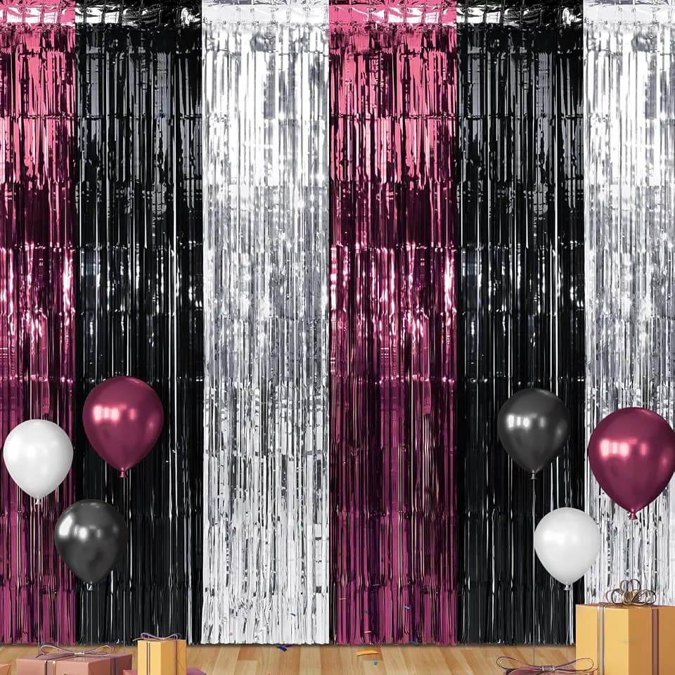 3 Pack 3.3Ft x 6.6Ft Graduation Foil Fringe Curtain Backdrop Decorations, Maroon Black Silver Metallic Tinsel Foil Streamers Curtain Photo Booth Background for Graduation Prom Wedding Birthday Party