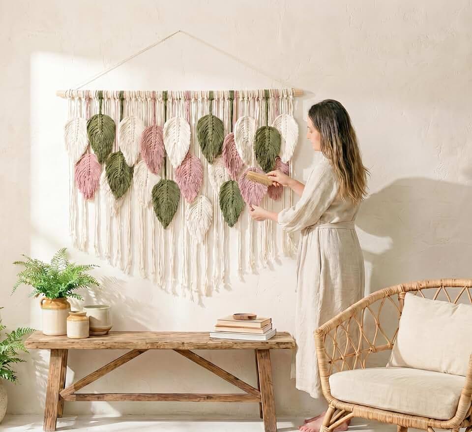WOODSTICK Large Macrame Wall Hanging 39"W x 29.5"L - Boho Wall Decor in Beige, Old Pink & Green - Chic Woven Leaf Leaves Boho Tapestry, Handmade Cotton Fiber Art, Macrame Wall Décor, Bedroom Tapestry Macrame Wall Art