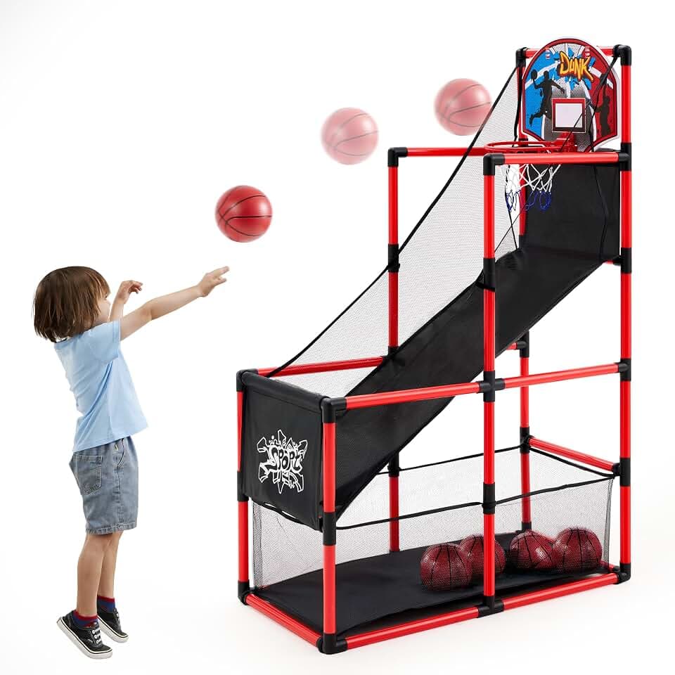 JOYIN Red Arcade Basketball Game Set, Indoor Basketball Hoop for Kids 3+ Years Old, Easy Set Up Sports Toy with 4 Balls, Gifts for Boys and Girls