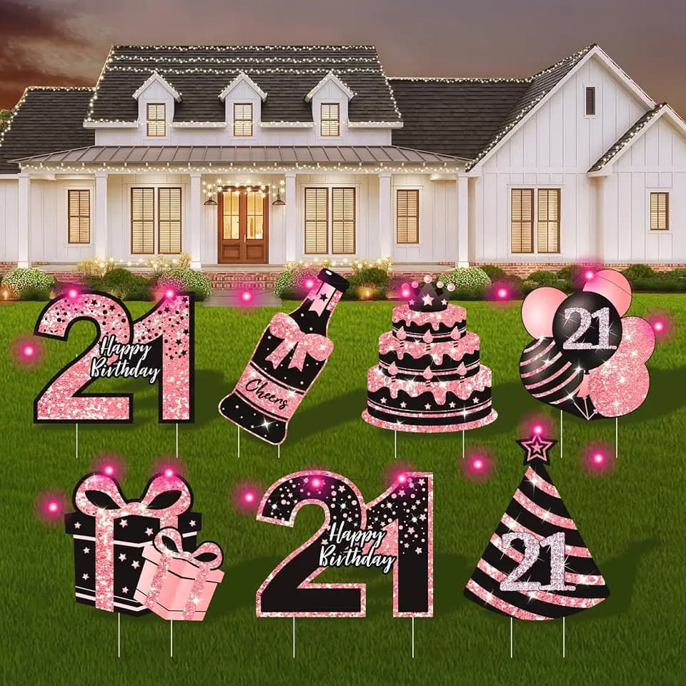 21st Birthday Decorations for Her - 7 Pcs Birthday Yard Signs with Stakes, 2 LED Lights & Double-Sided Tape | Happy 21 Years Old Decor | Outdoor/Indoor Party Favors, Photo Props & Lawn Decorations