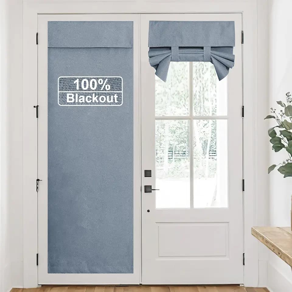 RYB HOME Linen Door Curtain 100% Blackout French Door Blinds for Glass Window, Fully Light Blocking Privacy Window Drapes Lightweight Tie up Shade, W 26 x L 69, Stone Blue, 1 Panel