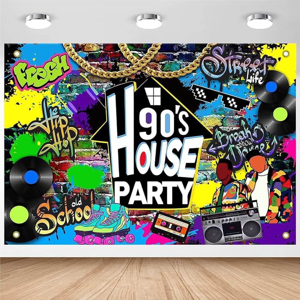 Avezano 90s House Party Backdrop Hip Hop Graffiti 90's Theme House Party Decorations Retro Radio Brick Wall Party Banner (7x5ft)