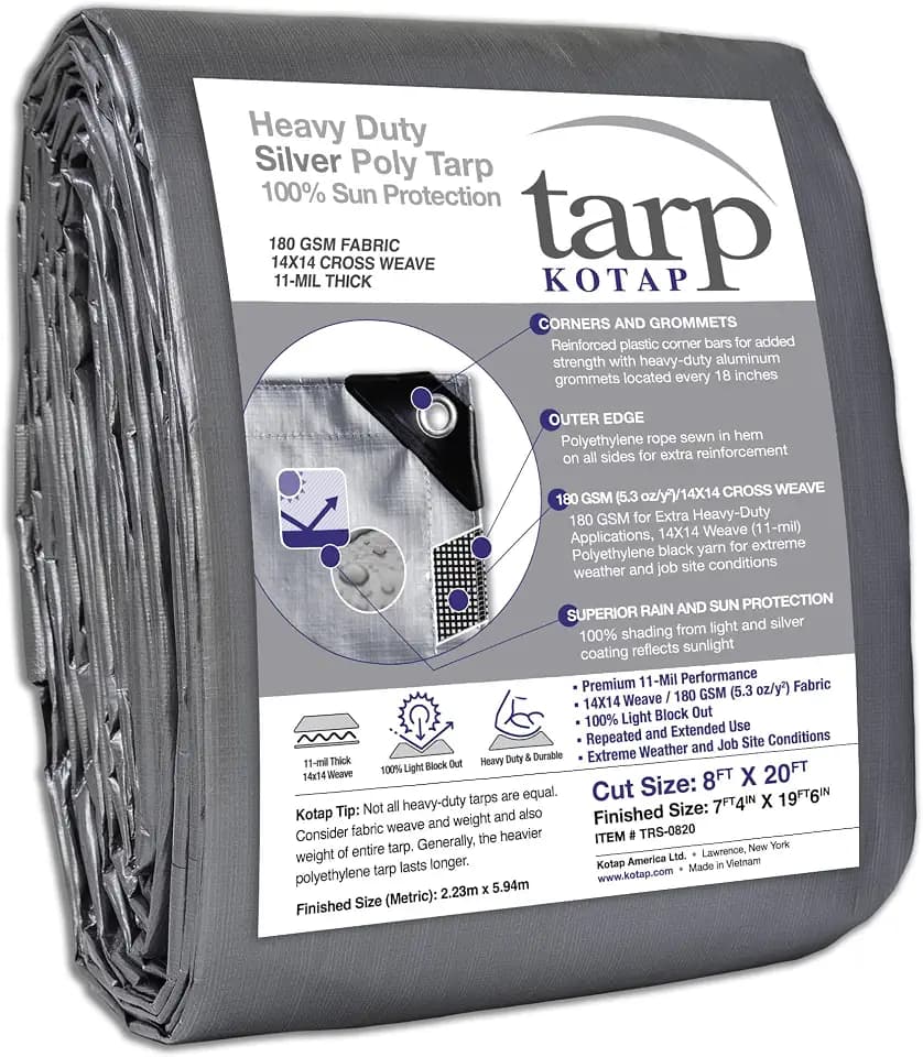 Kotap 8 x 20 Ft. Heavy-Duty Protection/Coverage Tarp, Superior Weave for Greater Longevity, 10-mil Multi-Use, Waterproof, TRS-0820, Silver (1-Pack)